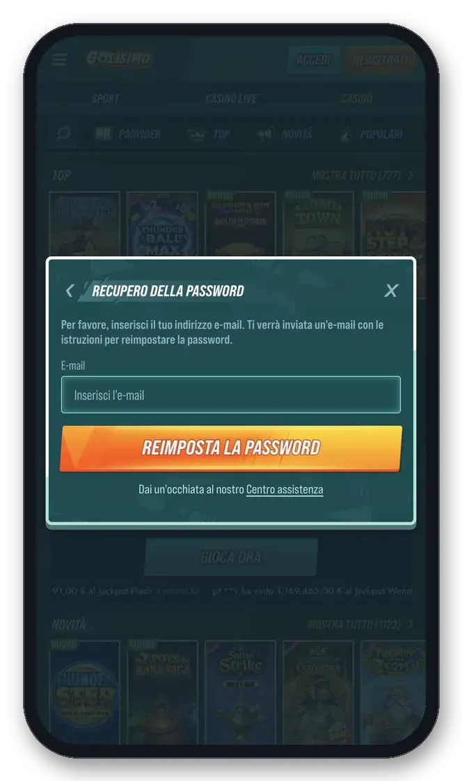Recupero della password su Golisimo: inserimento dell'e-mail per reimpostare la password