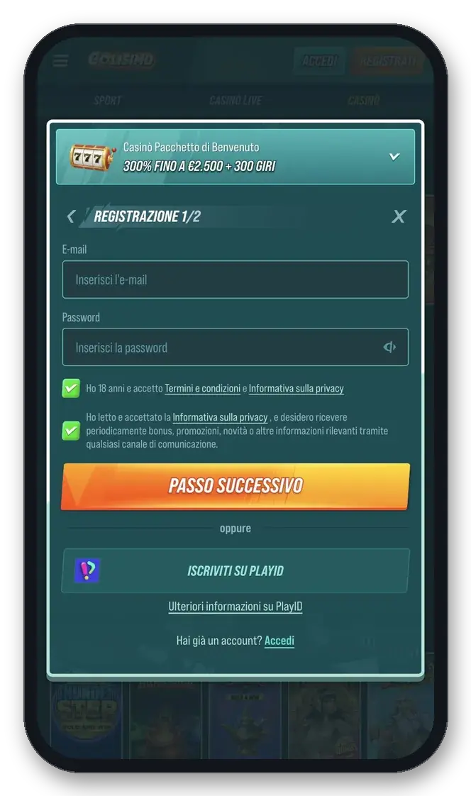 Modulo di registrazione Golisimo (passo 1 di 2) con e-mail, password e pacchetto di benvenuto casinò selezionato